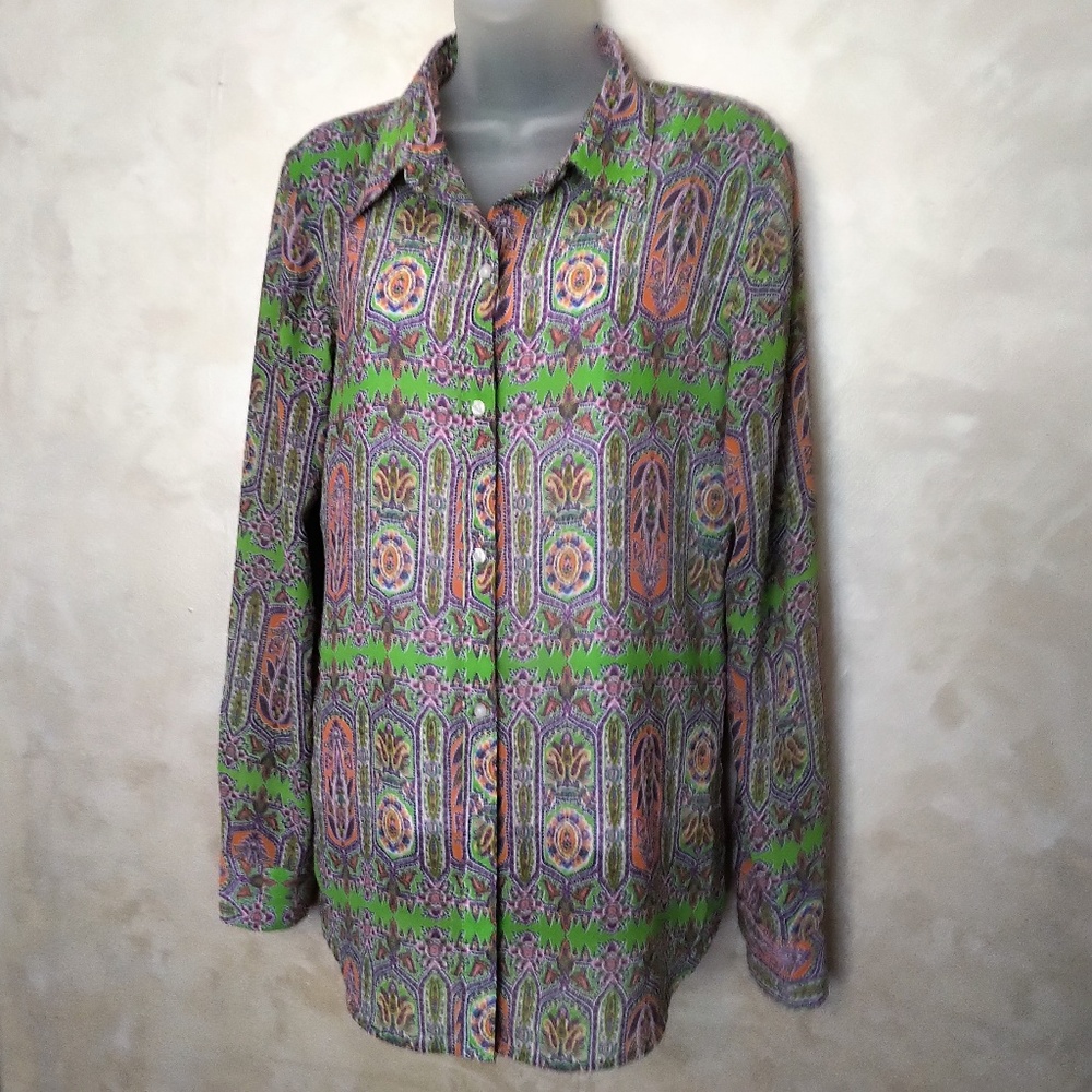 Ralph Lauren Green and Purple Paisley Print Button-Up Blouse